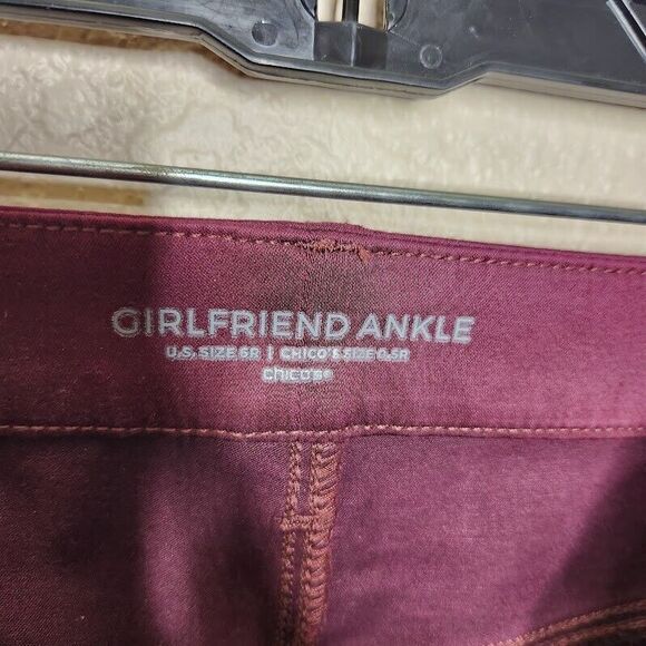 Chico's Girlfriend Ankle Pants Women's 6R Maroon Cotton Stretch Straight Leg - Picture 6 of 8